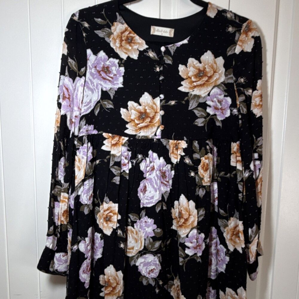 Altar'd State Black Floral A-Line Dress Button Pleated Long Sleeve Short S